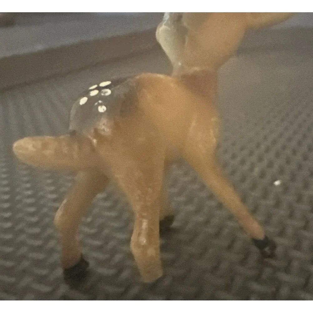 Vintage Doe & Fawn Plastic Deer Figurines Big Blue Eyes - Doe has 3 Legs